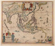 WILLEM BLAEU (1571-1638), "India quae Orientalis dicitur et Insulae Adiacentes", antique hand-coloured copper plated engraved map, circa 1640, showing parts of Cape York and the accidental discoveries on the west coast of Australia, sight size 43.5 x 52cm - 2