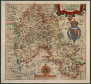 CHRISTOPHER SAXTON (1540-1610), "Oxoniensis" (Oxfordshire), antique hand-coloured copper plate engraved map, William Kip and William Hole reduced version from Camden's Brittania (2nd Edition), circa 1610, sight size 30 x 32cm, attractively framed and moun - 2