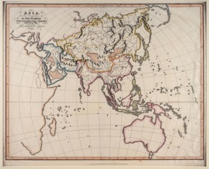 JEHOSHAPHAT ASPIN (active circa 1805-1832), "Asia", antique hand-coloured copper plate engraved map, circa 1822, sight size 36 x 44cm, mounted 51 x 67cm overall.