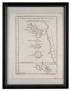 JACQUES-NICOLAS BELLIN (1703-1772), "Carte Particuliere Des Isles Moluques" (Timor and The Spice Islands), antique copper plate engraved map published in 1764, sight size 25 x 20cm, framed and glazed 32 x 25cm overall.