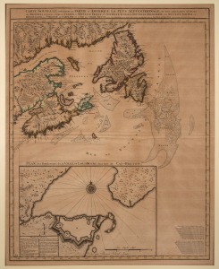 NICOLAES VISSCHER (1618-1679), "Carte Nouvelle" with inset plans for the fortifications of the Ville De Louisbourg, antique hand-coloured copper plate engraving, 1757 re-issue of the 1685 map of the Appalachian-Acadian region of Canada, sight size 62 x 49cm, mounted 81 x 77cm overall.
