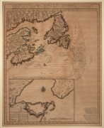NICOLAES VISSCHER (1618-1679), "Carte Nouvelle" with inset plans for the fortifications of the Ville De Louisbourg, antique hand-coloured copper plate engraving, 1757 re-issue of the 1685 map of the Appalachian-Acadian region of Canada, sight size 62 x 49