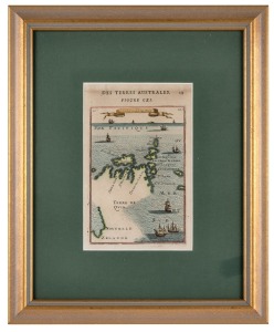 ALAIN MANESSON MALLET (1630-1706), "Des Terres Australes" (Isles De Salomon), antique hand-coloured copper plate engraved map with attractive ship vignettes, circa 1683, showing the islands and partial coastline of New Zealand, sight size 18 x 12cm, framed & glazed 34 x 28cm overall.