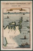ALAIN MANESSON MALLET (1630-1706), "Des Terres Australes" (Isles De Salomon), antique hand-coloured copper plate engraved map with attractive ship vignettes, circa 1683, showing the islands and partial coastline of New Zealand, sight size 18 x 12cm, frame - 2