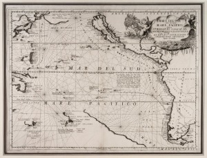 VINCENZO CORONELLI (1650-1718) (official Cosmographer of the Republic of Venice), "Mare Del Sud, Detto Altrimenti Mare Pacifico", antique copper plate engraved map, circa 1691. Note: Tasmania and New Zealand partially shown with only the Gulf of Carpentaria of the mainland visible. sight size 47 x 62cm, mounted 66 x 80cm overall.
