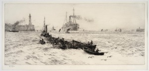 WILLIAM WYLLIE (1851-1931), (port scene), drypoint etching, signed in pencil lower left "W. Wyllie", 18 x 39cm, 38 x 51cm overall.