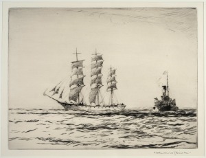 NORMAN WILKINSON (1878-1971), A Deepwaterman, dry point etching, limited edition of 100, signed lower right "Norman Wilkinson", 24 x 32cm, 43 x 48cm overall.