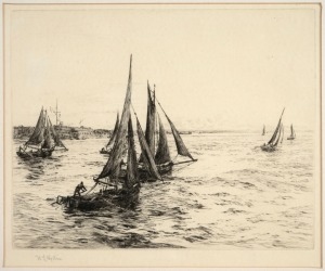 WILLIAM WYLLIE (1851-1931), (fishing boats, Portsmouth), dry point etching, signed in pencil lower left "W. L. Wyllie", 21 x 26cm, 38 x 40cm overall.