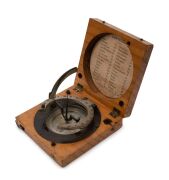 An antique French pocket sundial compass in timber case with list of latitudes for various cities of the world including Alger, New York, Canton, Calcutta, Sebastopol, Constantinople, Rome and many more, mid 19th century, ​​​​​​​9.5cm wide. - 2