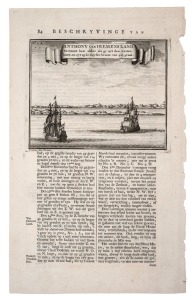 FRANCOIS VALENTIJN (1666-1727), Anthony Van Diemens Land, copper plate engraving, circa 1724, depicting the scene described in Abel Tasman's journal on 25th November 1642, showing his ships "Zeehaen" and "Heemskerck" close to the coast, image 13 x 17cm; whole page 34 x 21cm.