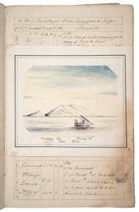THE LOGBOOK OF THE H.M.S. AMETHYST (1844-1869): Ship's log kept by a G.R. Thornhill (midshipman), including ship's plan, eight illustrations (all but one in watercolour), and nine hand-rendered maps (South East Asia, Australia, Tasmania, South America); leatherbound boards (dilapidated) with gilt title and marbled endpapers; 36 x 24cm.