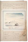 THE LOGBOOK OF THE H.M.S. AMETHYST (1844-1869): Ship's log kept by a G.R. Thornhill (midshipman), including ship's plan, eight illustrations (all but one in watercolour), and nine hand-rendered maps (South East Asia, Australia, Tasmania, South America); l