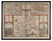 Two framed antique English hand-coloured county maps of Lincolnshire and Middlesex, with descriptive text verso and attractive vignette city views and heraldic displays, 18th century, the larger 49 x 62cm overall.