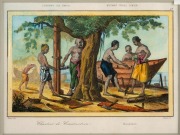 Four antique hand-coloured French engravings, including Melanesia, Timor, Hawaii and The Caroline Islands, circa 1835, sight size 12 x 16cm, mounted 21.5 x 26cm overall. - 3