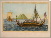 Four antique hand-coloured French engravings, including Melanesia, Timor, Hawaii and The Caroline Islands, circa 1835, sight size 12 x 16cm, mounted 21.5 x 26cm overall. - 4