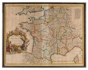 JOHN SENEX (1678-1740), "A New Map of France Agreeable to the Observations of the Royal Academy at Paris", antique hand-coloured copper plate engraved map, circa 1725, framed & glazed, 49 x 62cm overall.