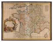 JOHN SENEX (1678-1740), "A New Map of France Agreeable to the Observations of the Royal Academy at Paris", antique hand-coloured copper plate engraved map, circa 1725, framed & glazed, 49 x 62cm overall.