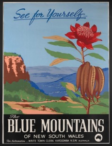 "THE BLUE MOUNTAINS OF NEW SOUTH WALES" screenprinted poster with artwork by H. Rousel, circa 1940, sight size 101 x 76cm.