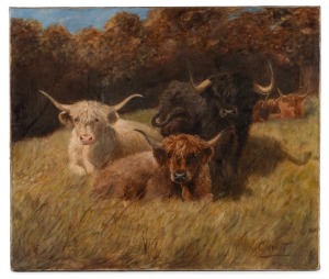 LILLIAN CHEVIOT (1876-1936), (highland cattle), oil on canvas (relined), signed lower right "L. Cheviot", 56 x 66cm.