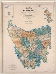 JAMES SPRENT (1808-1863), "Tasmania", antique hand-coloured lithographic map, circa 1859, sight size 80 x 61cm, mounted 97 x 77cm overall.