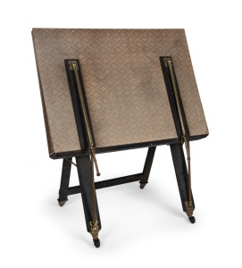 A vintage folio stand, ebonized timber and brass with cloth covered boards, 20th century, 90cm high, 81cm wide, 90cm deep when open.