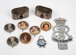 ROYAL TOUR 1954: Group comprising a car badge, two napkin rings with enamelled badges, three pin badges, and one other, plus three other similar pin badges from 1919 and 1959. (10 items)
