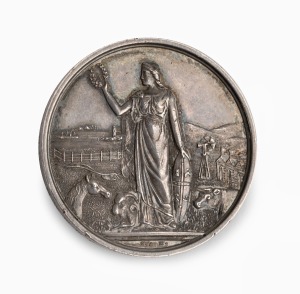 The Royal Agricultural Society of Victoria, 1901, prize medal in silver (35mm) by Stokes & Martin, inscribed around edge '2ND PRIZE, WHITE WINE, FULL BODIED, SWEET" and on reverse "Sunshine Burgundy Co. 1901", VF condition.