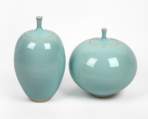 KOJI HOASHI pair of turquoise glazed lidded jars, both with impressed seal mark, 25cm and 21cm high. Accompanied by Skepsi Gallery exhibition brochure.