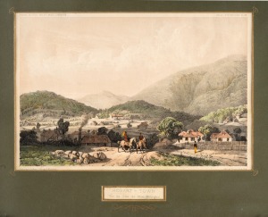 "HOBART-TOWN - Vue du C&ocirc;t&eacute; du Mont Wellington", hand-coloured lithograph taken from Jules Dumont d'Urville's 1841 "Voyage au P&ocirc;le Sude et dans l'Oc&eacute;anie"; window-mounted, 33.5 x 43.5cm overall.