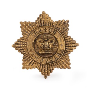 LOCAL COMPANIES gilt metal shako hat badge. Worn by prison guards in Western Australia. Usually comprising of soldiers who arrived between 1850-1874. Rare. 4.8cm high.