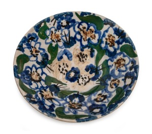 ARTHUR MERRIC BOYD pottery bowl hand-painted with blue and green floral design, signed "Arthur Merric Boyd", 5cm high, 17cm diameter.
