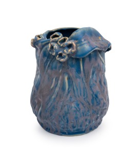 R. TAYLOR blue and mauve pottery vase with gumnuts and leaves, incised "R. TAYLOR", 16cm high.