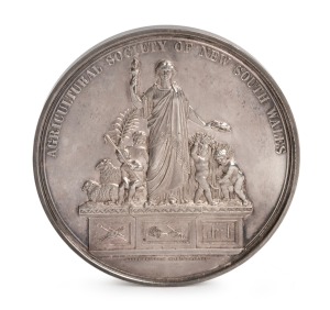 Agricultural Society of New South Wales, medal in silver (90mm) for Hardy Brothers London and Sydney, reverse inscribed "AWARDED TO ALEXANDER GRAY & CO., Geelong, for the excellence of their TWEEDS. CLASS 593 No.1601.1605." A most attractive good extreme