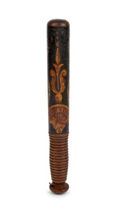 Tasmanian convict period police truncheon, hand-painted with King George cypher, dated 1839 and named to Magistrate G. Ball, unusual small size, 28cm long. Extremely scarce and the only example of its kind known to our rooms.