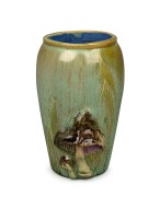 LOUISE TAYLOR green glazed vase with blue interior, decorated with applied mushrooms, incised "Louise Taylor", ​​​​​​​14cm high.
