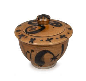 JOHN OLSEN lidded pottery bowl, signed "J.O." to the base, 13cm high, 13.5cm diameter.