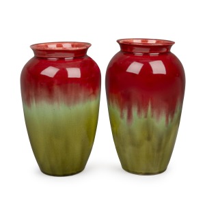 V.A.P. (VICTORIA ART POTTERY) pair of burgundy and green glazed pottery mantle vases by WILLIAM FERRY, ​​​​​​​18cm high.