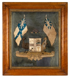 An antique Australian coat of arms silk embroidery, housed in a period maple frame with gilt slip and glass, 19th century, ​​​​​​​66 x 59cm overall.