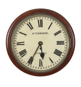 A. TORNAGHI, SYDNEY, antique English mahogany cased dial clock with cast brass bezel and silvered sight ring, one piece mahogany dial surround, eight day single train chain fusee movement and Roman numerals, 19th century, 12" dial, 37cm diameter overall.