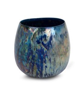 GREG DALY blue iridescent glazed pottery vase, 22cm high, 22cm wide.