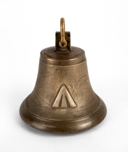 A convict watchman's wall mount alarm bell with Broad Arrow mark, cast bronze (later shackle), 19th century, 15cm high.