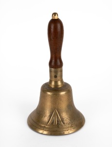 A convict watchman's hand-held alarm bell with Broad Arrow mark and turned timber handle, 19th century, 28cm high.