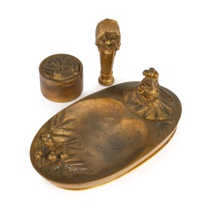 ARTHUR GANGAND (born 1863) antique French Art Nouveau gilt bronze three piece desk set with Australian wattle decoration, 19th/20th century, ​​​​​​​15cm wide.
