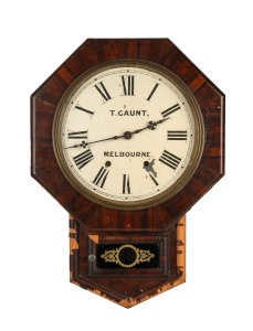THOMAS GAUNT antique drop dial wall clock, imported American case and eight day movement by the New Haven Clock Co., dial painted ""T. GAUNT, MELBOURNE", 19th century, ​​​​​​​59cm high.