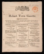 HOBART TOWN GAZETTE Volume XIII, Saturday November 22, 1828 [Number 654], complete 4pp edition, with red ink 2d newspaper duty stamp and mss owner's name upper right "Mr Simpson".