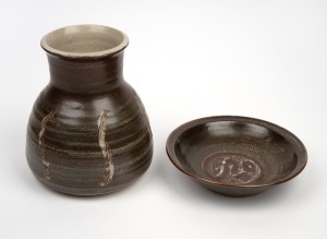 HAROLD HUGHAN studio pottery vase and bowl, (2 items), both signed "Hughan" with impressed Glen Iris monograms, the vase 19cm high.