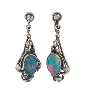 RHODA WAGER (attributed) Australian silver and opal earrings, circa 1920s, 3.5cm high.