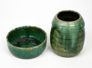 JOHN CAMPBELL green glazed pottery vase and bowl, (2 items), both incised "John Campbell, Tasmania", the larger 16cm high.