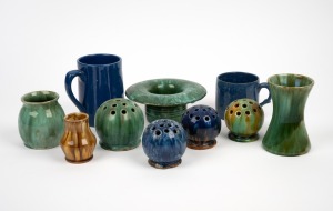 JOHN CAMPBELL and McHUGH pottery flower aides, mugs and vases, (A/F), (10 items), the larger mug 12.5cm high.