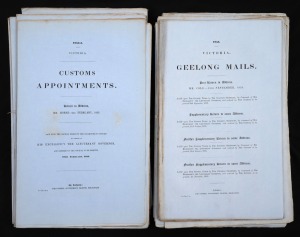 VICTORIAN GOVERNMENT BLUE PAPERS: 1852-1862 group, noted November 1853 "Statistics of the Colony of Victoria", November 1853 "Ship Mails", September 1854 "University of Melbourne Report", November 1854 "Postal Communication with the United Kingdom", March